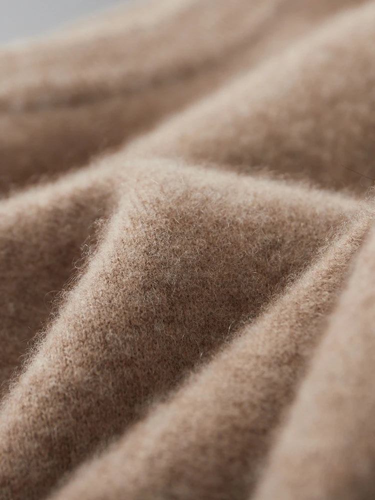 Close-up of the surface texture on the double-knit cashmere sweater in Beigewood — From Borcelleclothes.