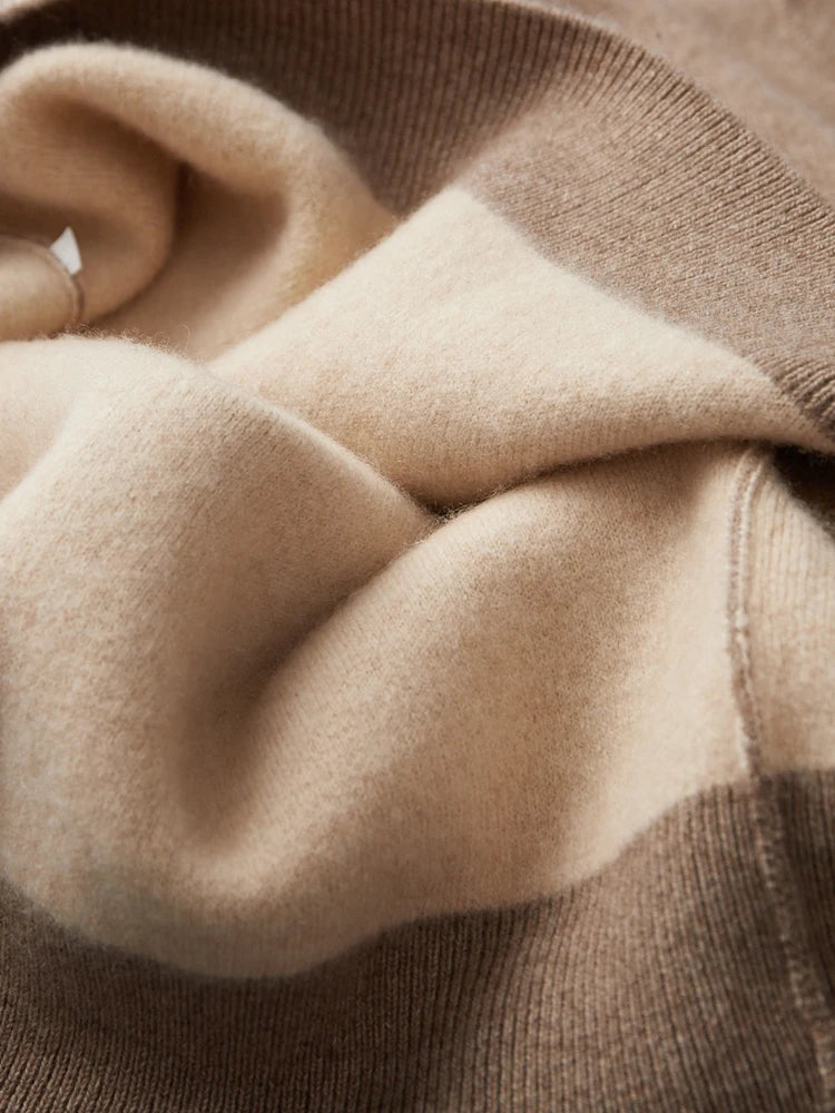 Unfolded bottom hem of the double-knit cashmere sweater in Beigewood, revealing inside layer and construction — From Borcelleclothes.