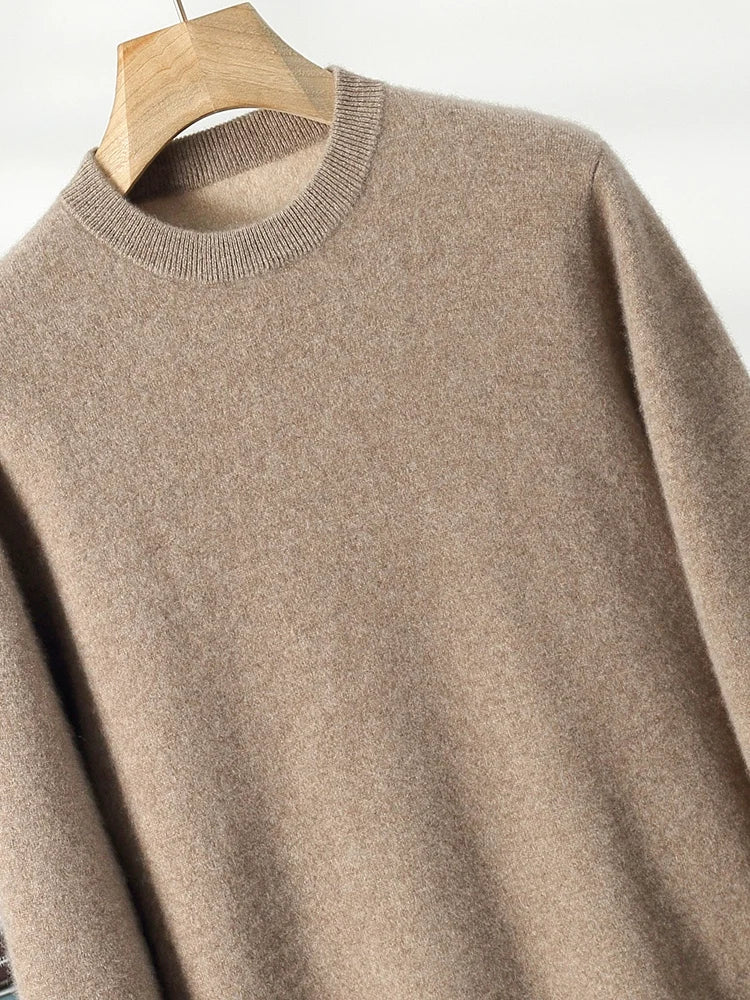 Upper part of men’s double-knit cashmere sweater in Beigewood, showing neckline, shoulder, and chest — From Borcelleclothes.