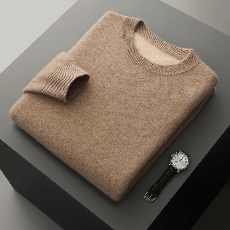 Men’s double-knit cashmere sweater in Beigewood, with a lighter contrast inner layer; two layers seamlessly knitted together in tonal harmony — From Borcelleclothes.