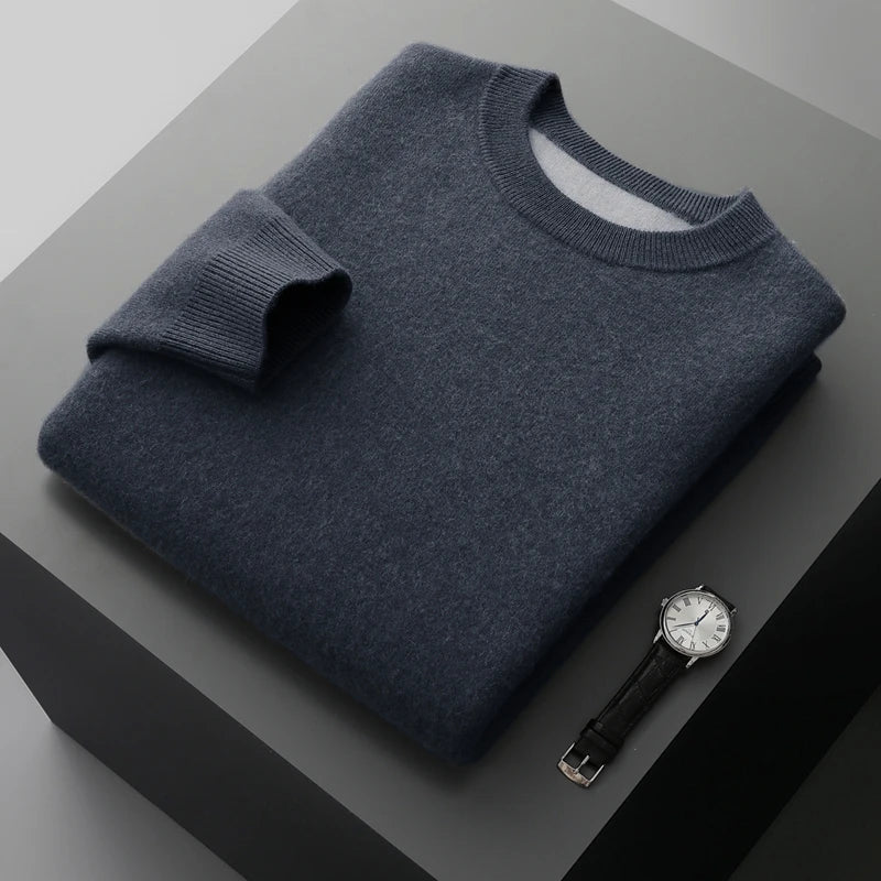 Men’s double-knit cashmere sweater in River Bed, with a lighter contrast inner layer; two layers seamlessly knitted together in tonal harmony — From Borcelleclothes.