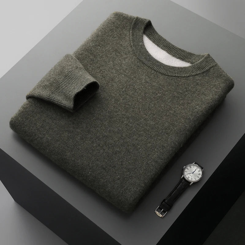 Men’s double-knit cashmere sweater in Serpentine, with a lighter contrast inner layer; two layers seamlessly knitted together in tonal harmony — From Borcelleclothes.