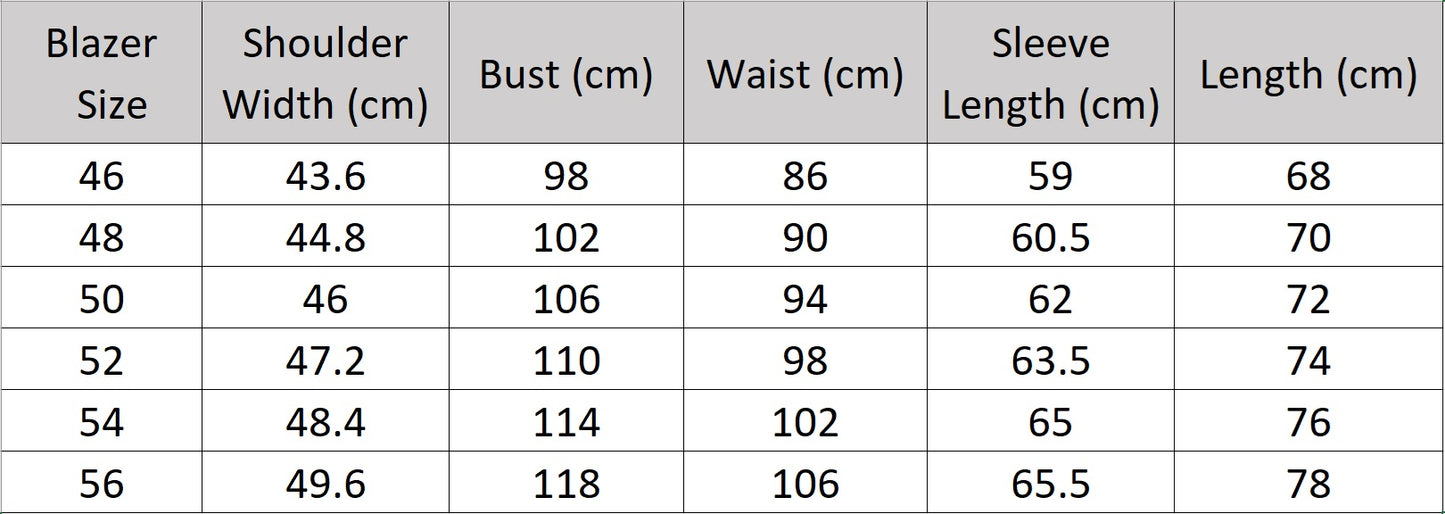 Size chart for the blazer of the Borcelleclothes Men's Ebony Clay 3-Piece Suit, providing detailed measurements for a precise and tailored fit.
