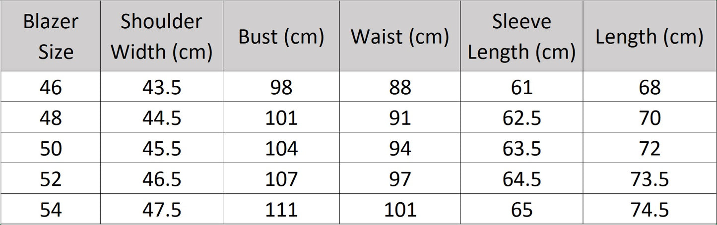 Size chart for the blazer of the Borcelleclothes Men's Ecru White Suit, providing precise measurements for a tailored and refined fit.
