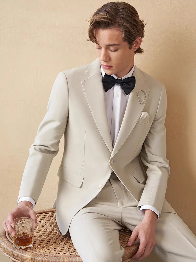 Borcelleclothes Men's Ecru White Suit featuring a single-breasted blazer with notch lapels, straight-leg pants, and a purple paisley lining, crafted from a premium viscose, polyester, and spandex blend for a refined and confident look.