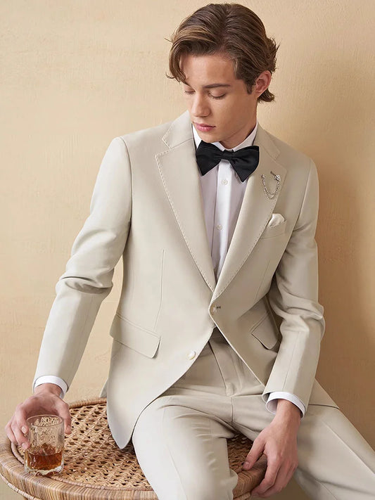 Borcelleclothes Men's Ecru White Suit featuring a single-breasted blazer with notch lapels, straight-leg pants, and a purple paisley lining, crafted from a premium viscose, polyester, and spandex blend for a refined and confident look.