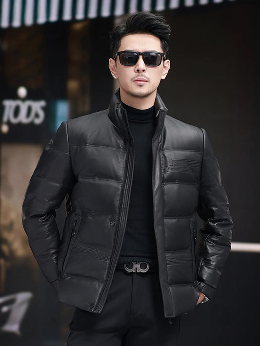 Men's embossed sheepskin jacket in onyx with down filling, featuring concealed zipped side pockets, Morse-code-inspired embossing, and a printed map overlay — From Borcelleclothes.