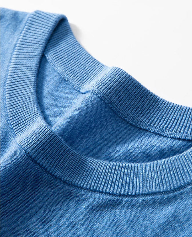 Men’s fine-knit silk-cashmere T-shirt in Cool Blue – wide ribbed neckband holds shape while preserving softness. From Borcelleclothes.