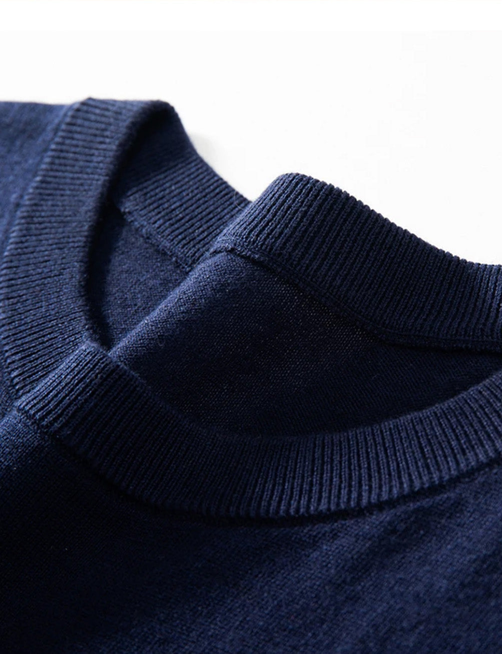 Men’s fine-knit silk-cashmere T-shirt in Midnight Express – wide ribbed neckband holds shape while preserving softness. From Borcelleclothes.