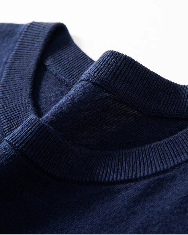 Men’s fine-knit silk-cashmere T-shirt in Midnight Express – wide ribbed neckband holds shape while preserving softness. From Borcelleclothes.