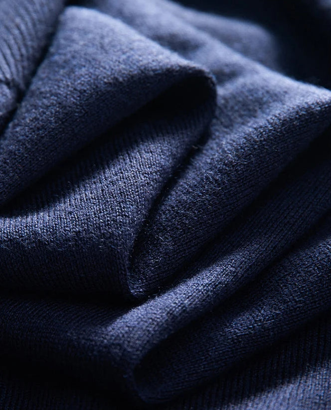 Men’s fine-knit silk-cashmere T-shirt in Midnight Express – wave fold reveals the soft, fluid texture of the knit. From Borcelleclothes.