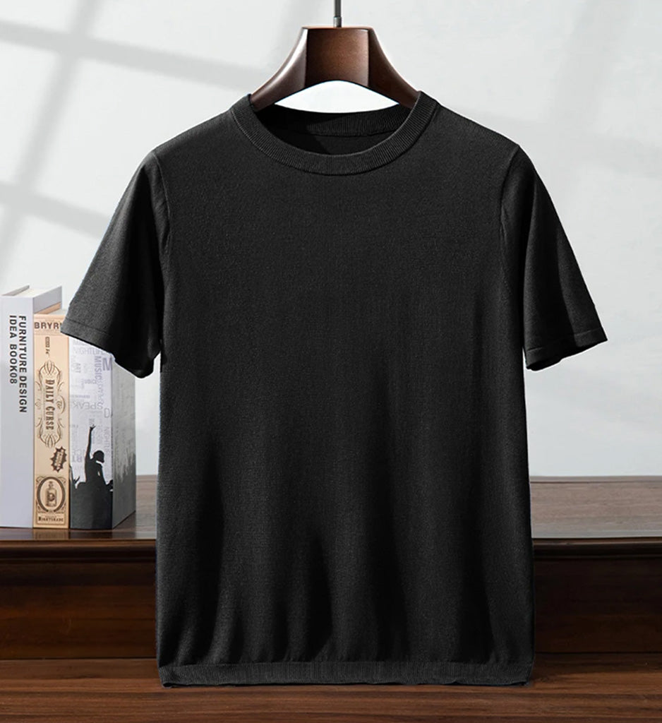 Men’s fine-knit silk-cashmere T-shirt in Onyx – relaxed draping highlights the luxurious softness of the knit. From Borcelleclothes.