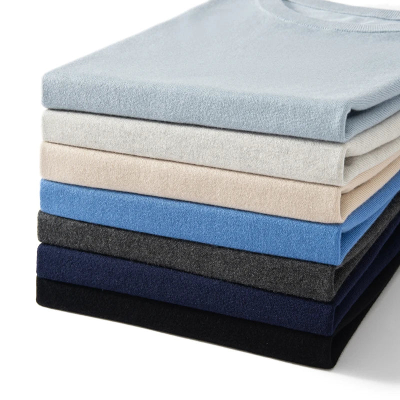 Collection in all available colors of the Men’s fine-knit silk-cashmere T-shirt — lightweight and breathable knit with a smooth surface, ribbed neckband, and bottom hem. From Borcelleclothes.