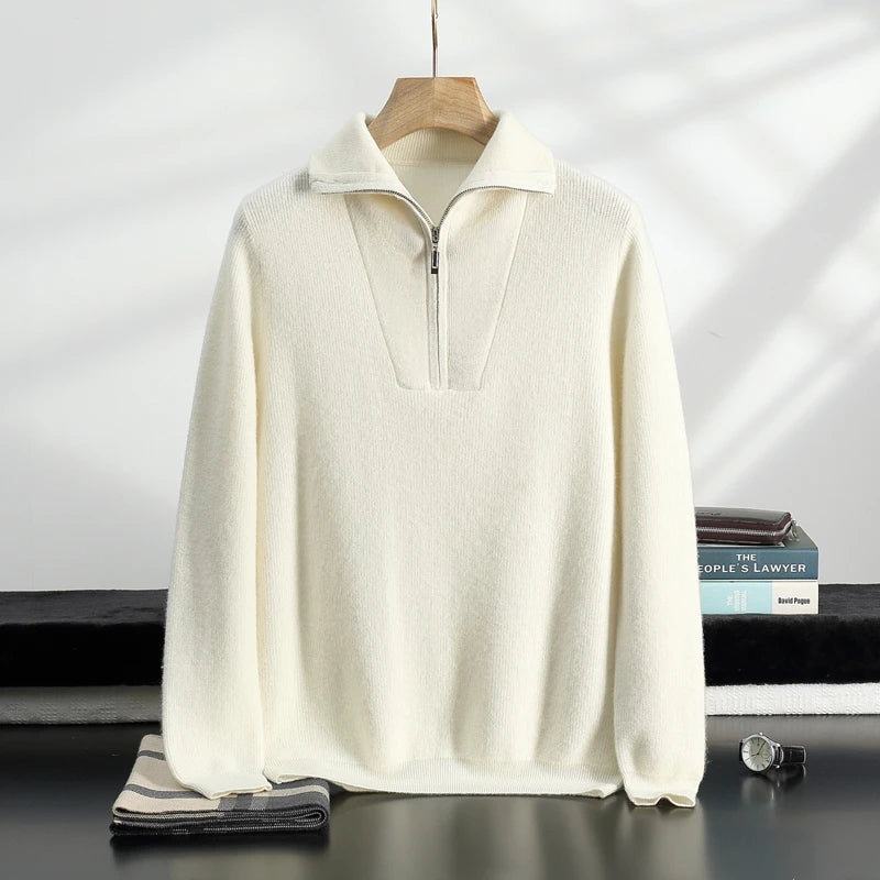 Men’s fisherman rib sweater in Himalayan cashmere, featuring trapeze neckline in denser rib texture, shown in Alabaster color – From Borcelleclothes.