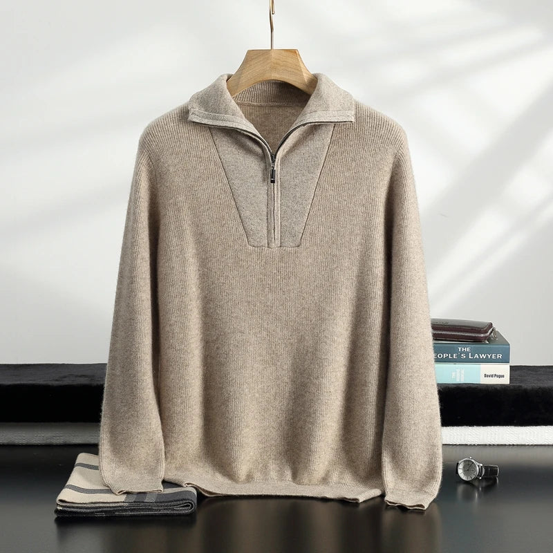Men’s fisherman rib sweater in Himalayan cashmere, featuring trapeze neckline in denser rib texture, shown in Bronco color – From Borcelleclothes.