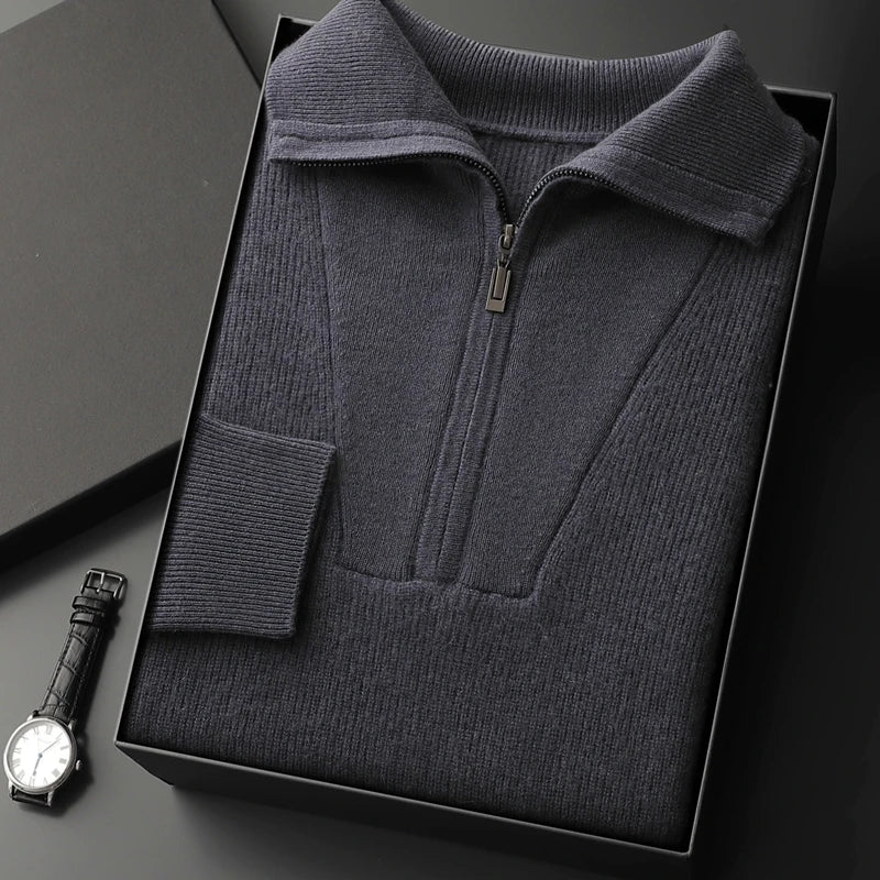 Men’s fisherman rib sweater in Himalayan cashmere, featuring trapeze neckline in denser rib texture, shown in Dark Charcoal color – From Borcelleclothes.