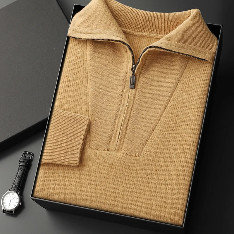 Men’s fisherman rib sweater in Himalayan cashmere, featuring trapeze neckline in denser rib texture, shown in Lion color – From Borcelleclothes.