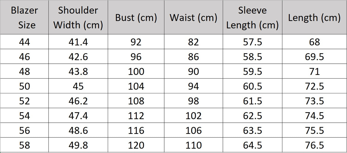 Men’s size chart for a blazer of the formal double-breasted wool suit with peaked lapels and four-button sleeve plackets — structured, composed, and quietly commanding. From Borcelleclothes.