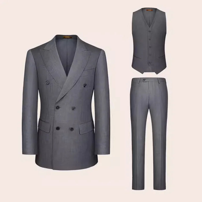 Davy Grey three-piece suit with vest — quiet weight, still in motion. From Borcelleclothes.