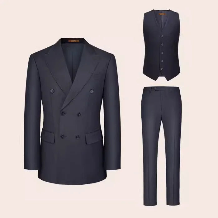 Ebony Clay three-piece suit with blazer, vest, and trousers — layered formality with calculated ease. From Borcelleclothes.