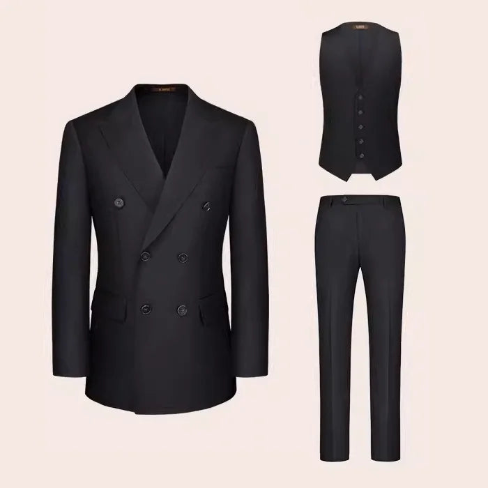 Onyx three-piece suit with blazer, vest, and trousers — midnight formality in full composition. From Borcelleclothes.