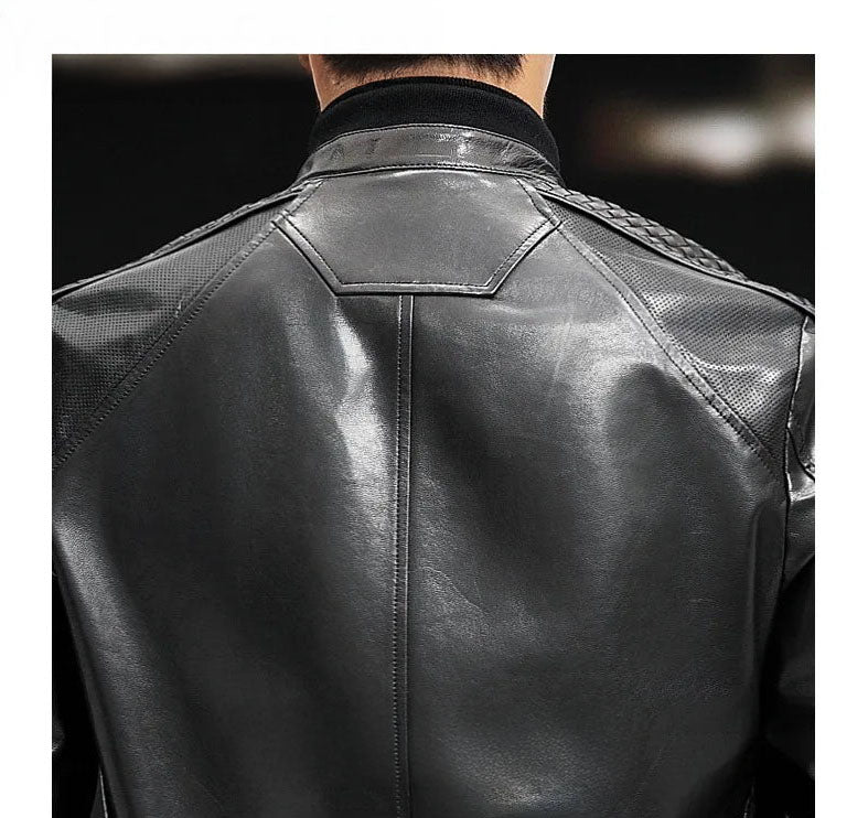 Back upper detail of men’s goatskin jacket; hexagonal insert and curved perforated yokes — From Borcelleclothes.