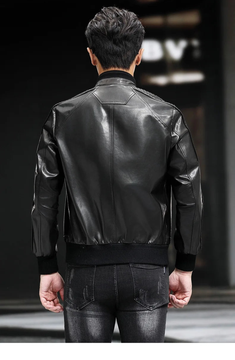 Back view of men’s goatskin jacket showing the hexagonal insert and woven sleeve overlays — From Borcelleclothes.