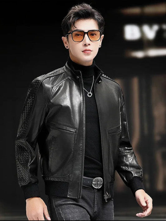 Model in motion wearing men’s goatskin jacket; woven sleeves and perforated yokes catch the light — From Borcelleclothes.
