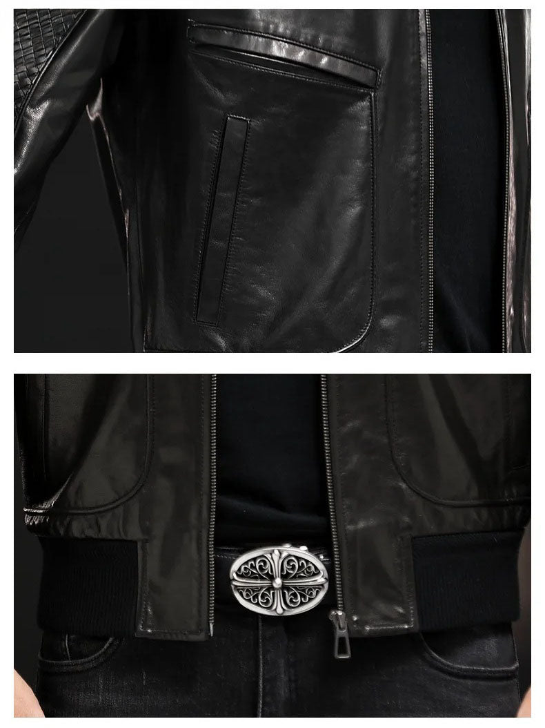 Collage: pocket and hem details of men’s goatskin jacket; dual-entry patch pocket and rib-knit hem with leather inserts — From Borcelleclothes.