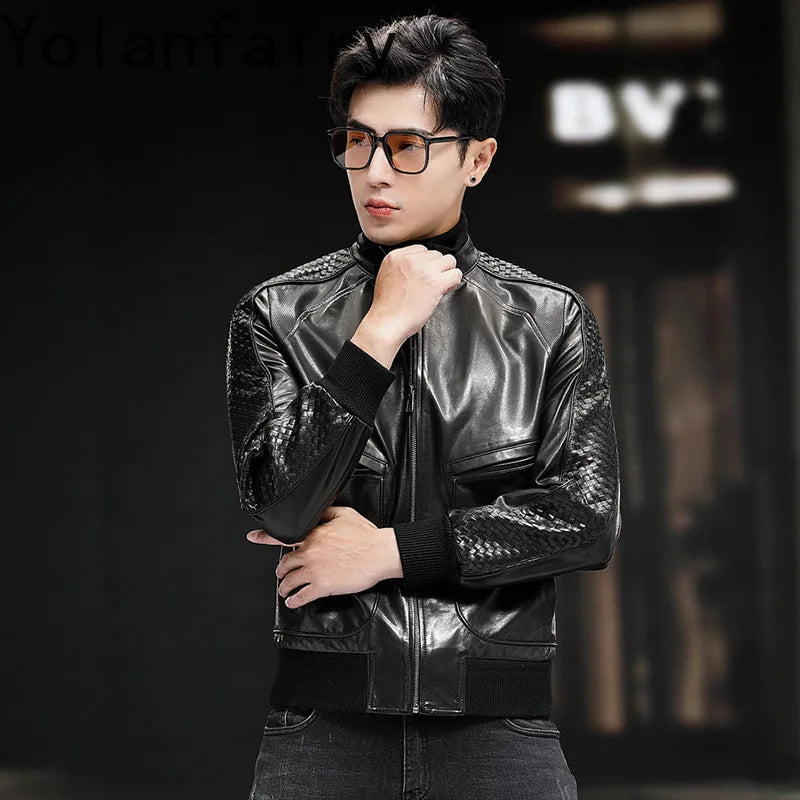 Model touching the double collar of a men’s goatskin jacket; rib-knit inner and short leather outer — From Borcelleclothes.