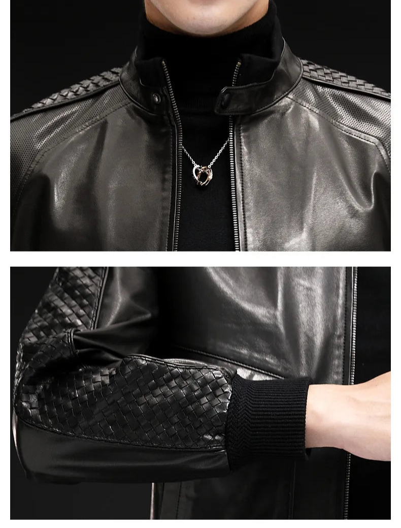 Unzipped men’s goatskin jacket; model holding front panel, highlighting the inner rib-knit collar — From Borcelleclothes.