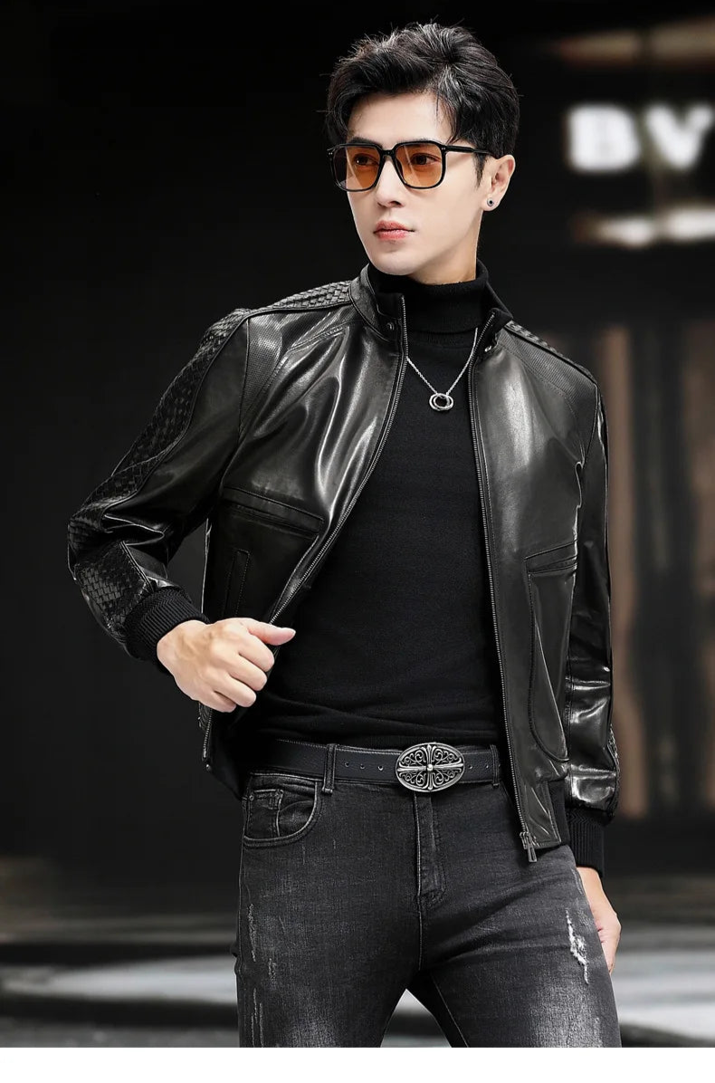 Unzipped men’s goatskin jacket; model holding front edge to show dual-entry patch pocket — From Borcelleclothes.