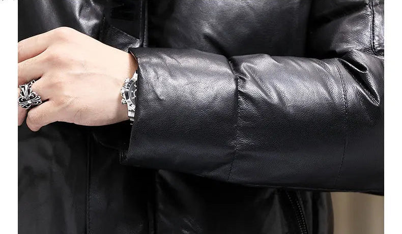 Cuff detail; men’s Onyx goatskin down coat — From Borcelleclothes.