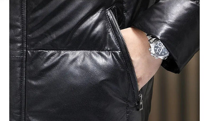 Hand at side zip pocket; men’s Onyx goatskin down coat — From Borcelleclothes.