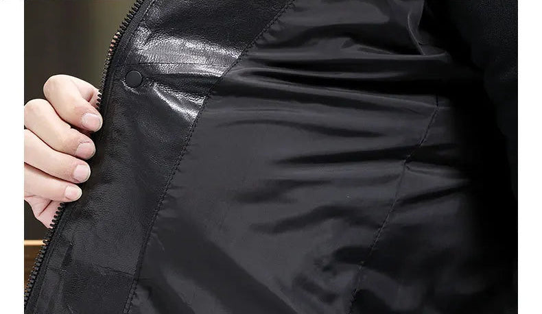 Interior view, reflective hood lining; men’s Onyx goatskin down coat — From Borcelleclothes.