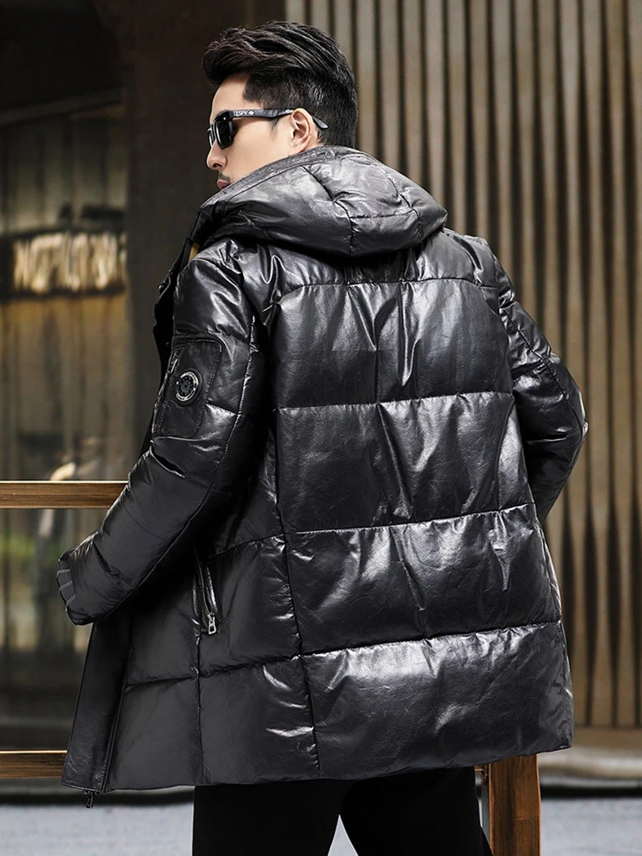 Back view; men’s Onyx goatskin down coat with striped hood belt — From Borcelleclothes.