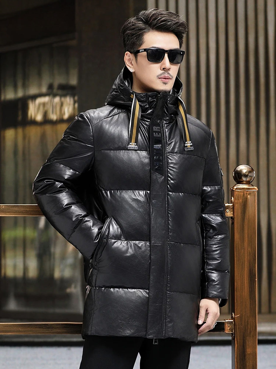 Model hand in zip pocket; men’s Onyx goatskin down coat — From Borcelleclothes.