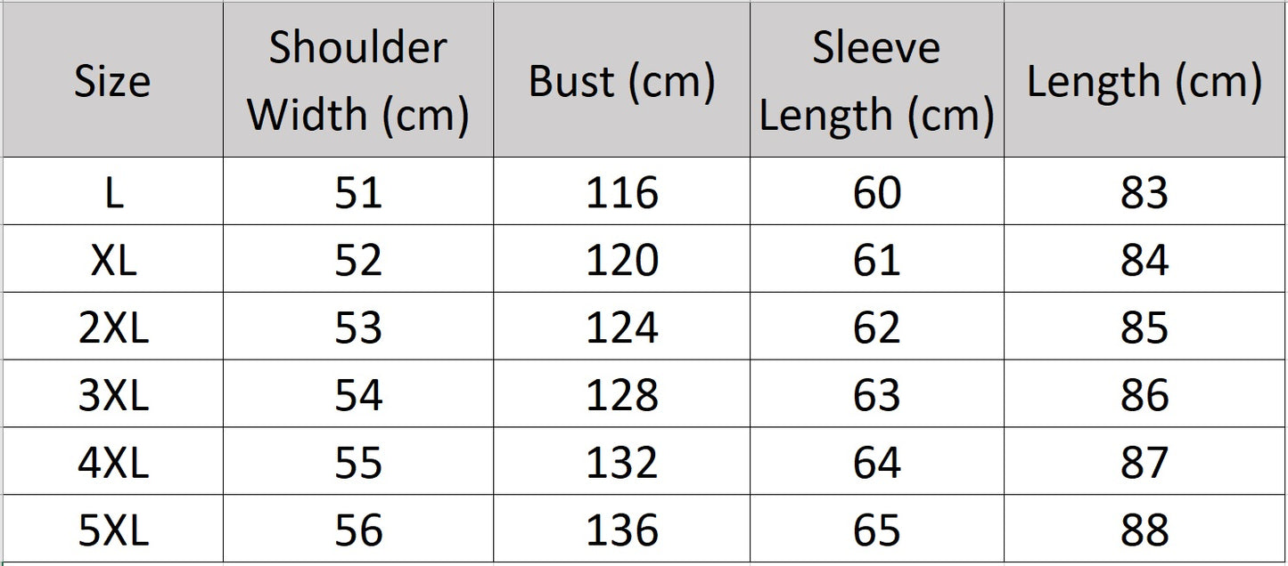 Men's size chart for a Onyx goatskin down coat with striped belt at hood, two-way zip into hood, diagonal zip pockets, reflective lining, mid-calf length — From Borcelleclothes.