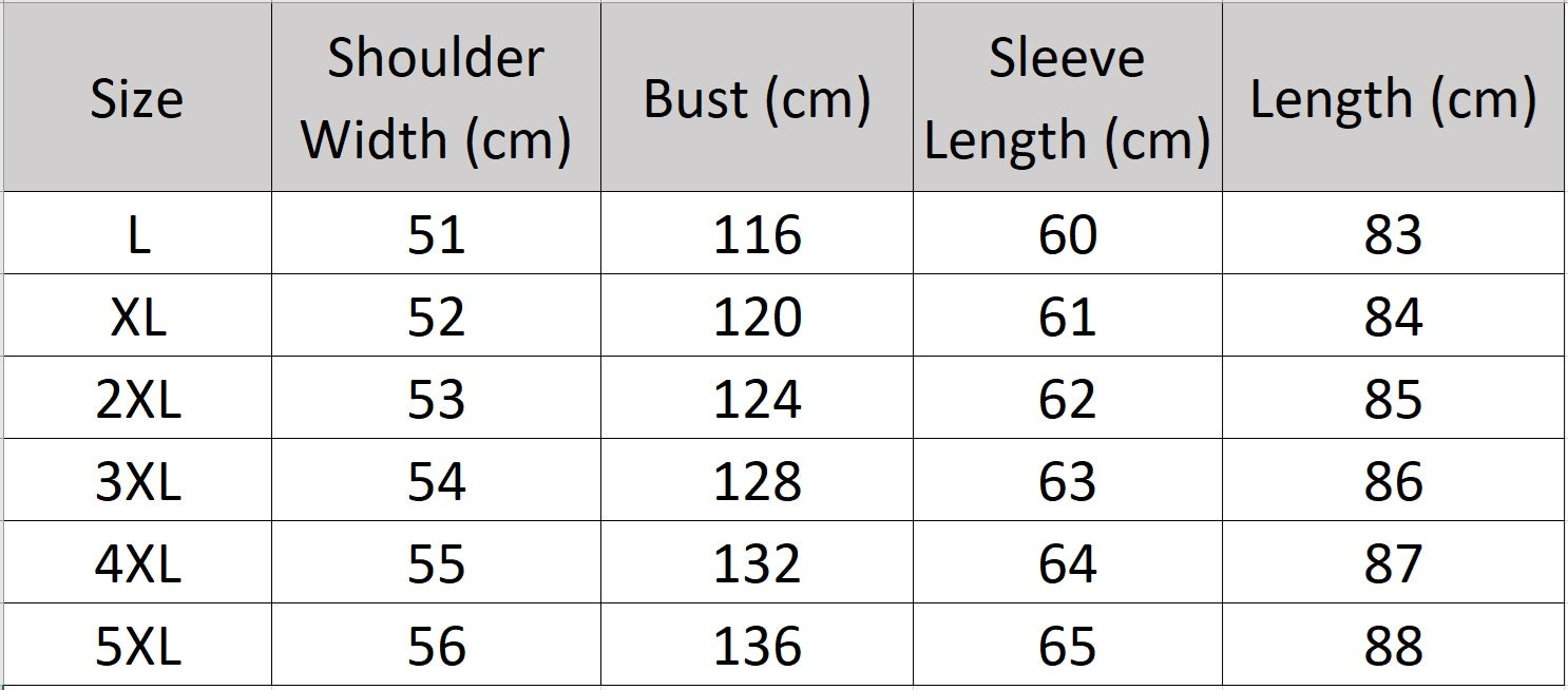 Men's size chart for a Onyx goatskin down coat with striped belt at hood, two-way zip into hood, diagonal zip pockets, reflective lining, mid-calf length — From Borcelleclothes.