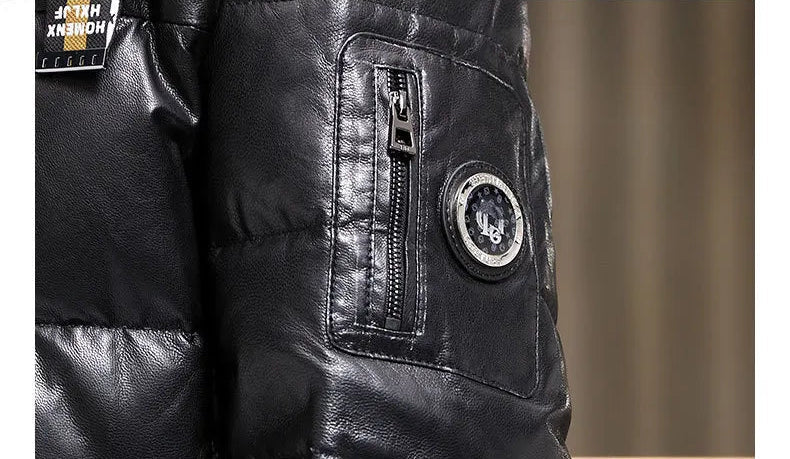 Left sleeve zip pocket with embossed badge; men’s Onyx goatskin down coat — From Borcelleclothes.