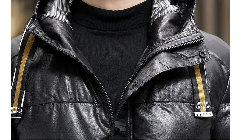 Unzipped hood showing belt casing; men’s Onyx goatskin down coat — From Borcelleclothes.