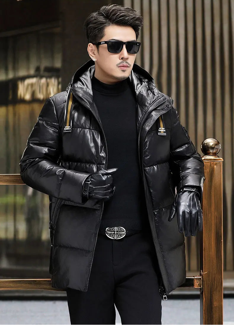 Unzipped front, model holding the front edge; men’s Onyx goatskin down coat with hood belt — From Borcelleclothes.