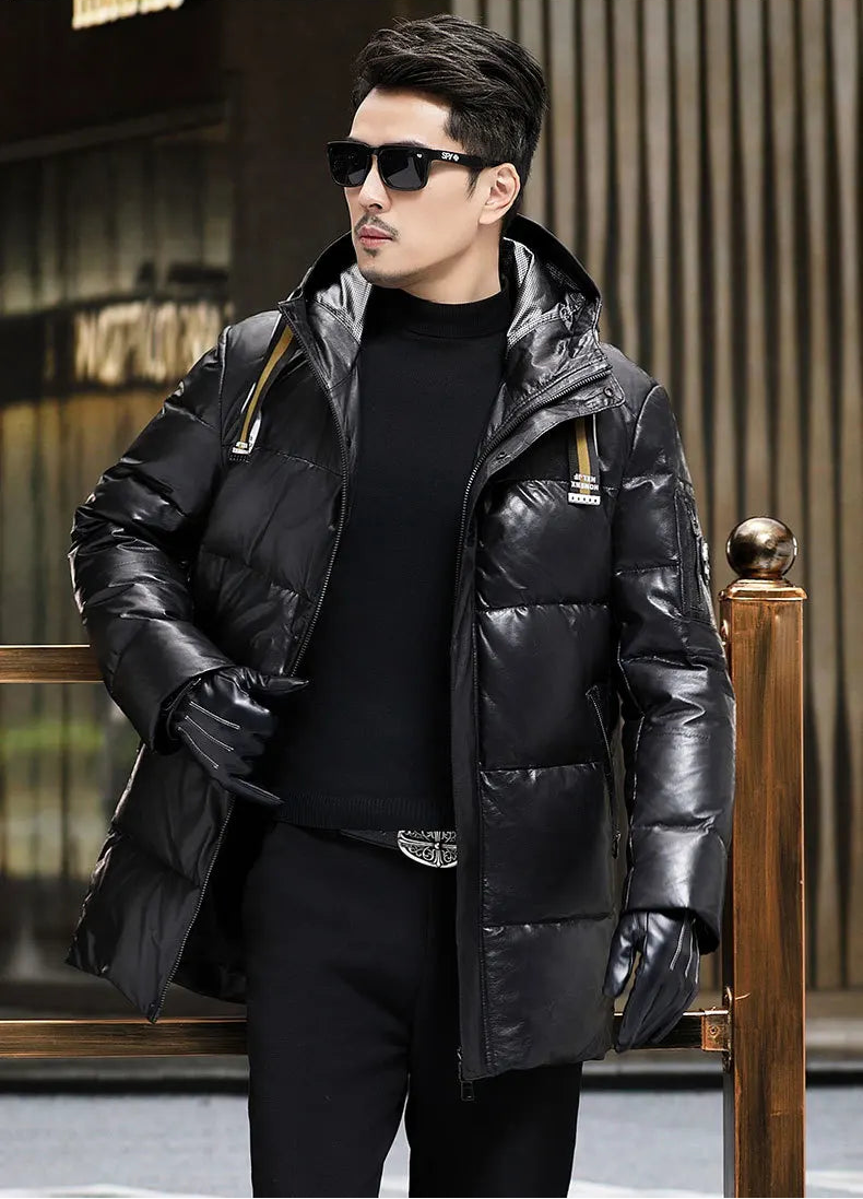 Unzipped front, model shifting the front edge; men’s Onyx goatskin down coat — From Borcelleclothes.