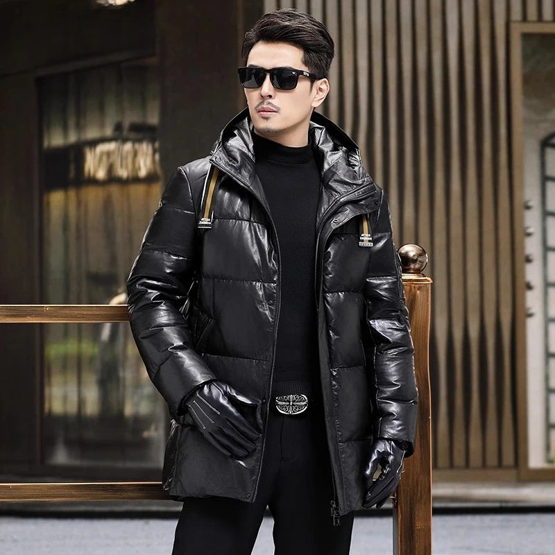 Men's Onyx goatskin down coat with striped belt at hood, two-way zip into hood, diagonal zip pockets, reflective lining, mid-calf length — From Borcelleclothes.