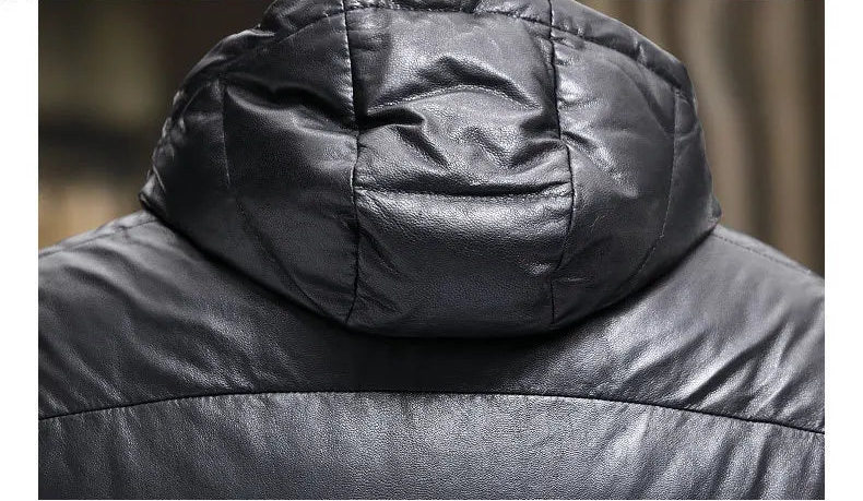 Back view of the hood on the goatskin down jacket in Onyx — From Borcelleclothes.