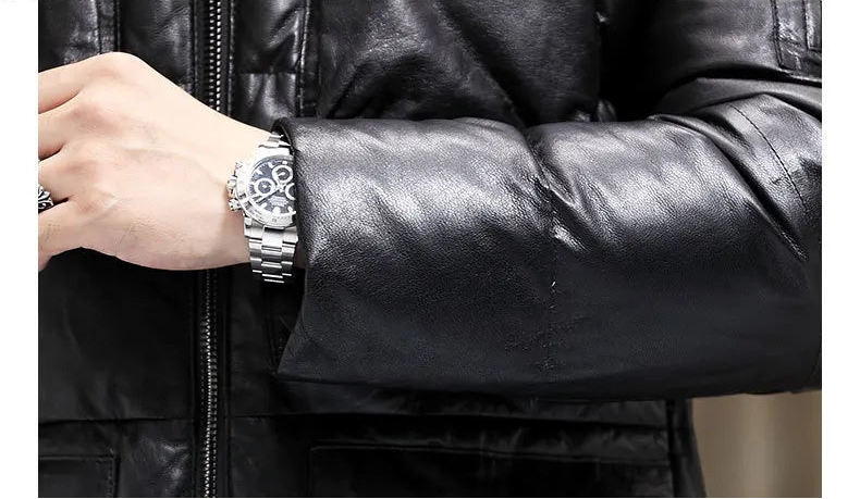 Close detail of the sleeve cuff on goatskin down jacket in Onyx — From Borcelleclothes.