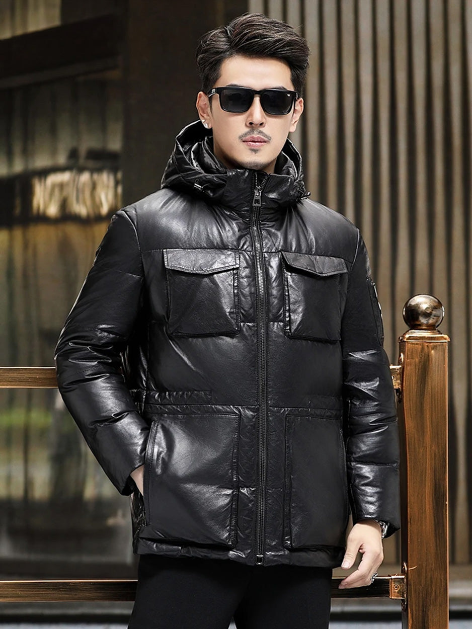 Model with hand in pocket of goatskin down jacket, featuring flap cargo design — From Borcelleclothes.