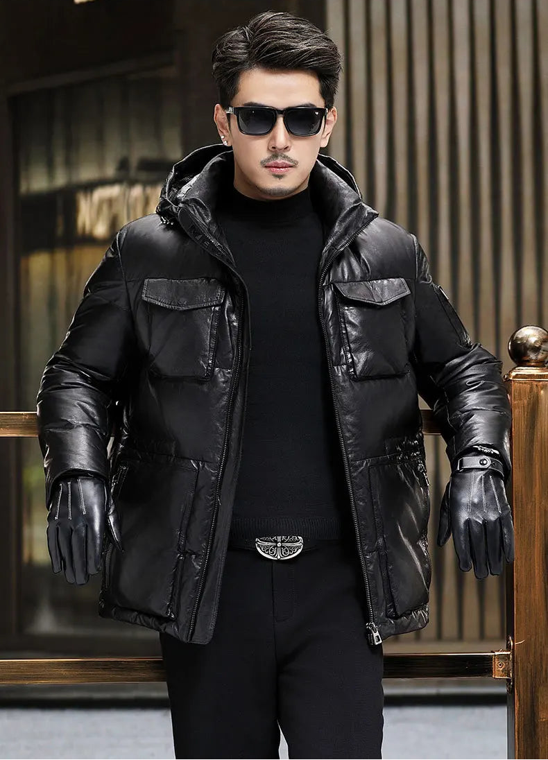 Model leaning on railing in goatskin down jacket with cargo pockets, Onyx color — From Borcelleclothes.