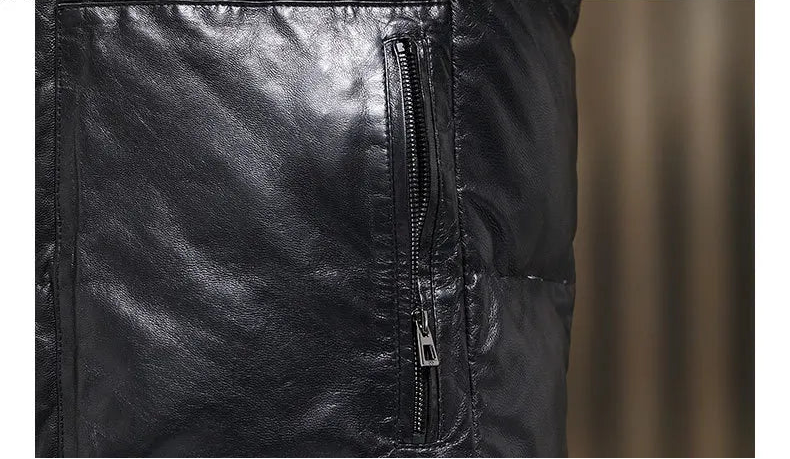 Side view of cargo pocket on goatskin down jacket in Onyx — From Borcelleclothes.