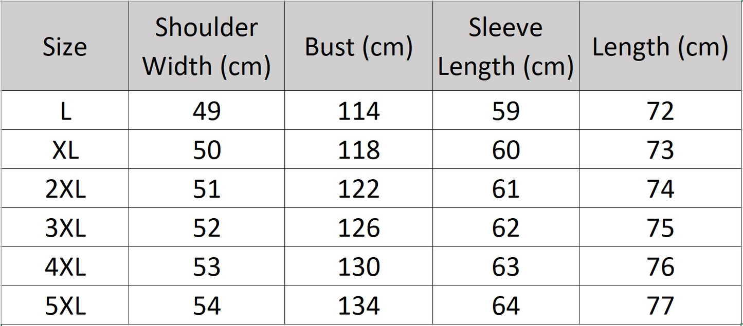 Men’s size chart for a goatskin down jacket in Onyx with four cargo pockets, detachable hood, stand collar, and front zip closure. Slightly glossy finish. From Borcelleclothes.